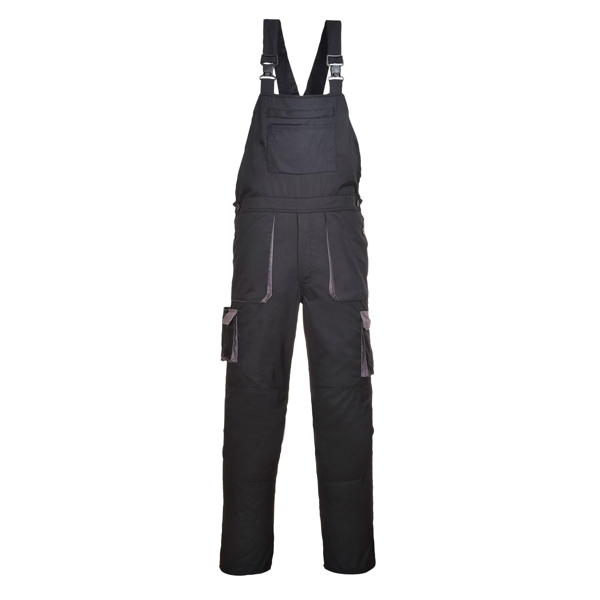 Portwest TX12 Texo Contrast Bib and Brace Work Overalls Mens Workwear 10 Pockets UPF 40+ Sun Protection Elasticated Waist Knee Pad Pockets, Regular, Black, 4XL
