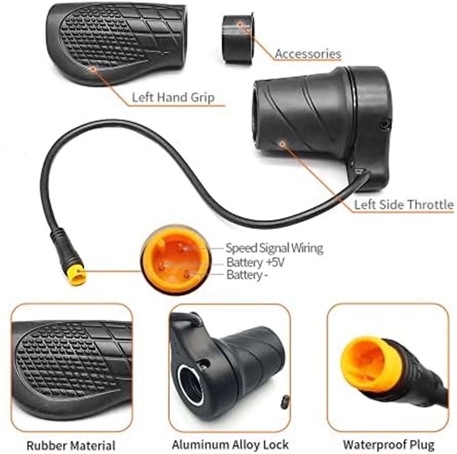 Bicicletta elettrica Maniglia sinistra 76X Acceleratore a mezza torsione 24V 36V 48V 60V 72V Spina impermeabile Acceleratore a pollice per scooter
