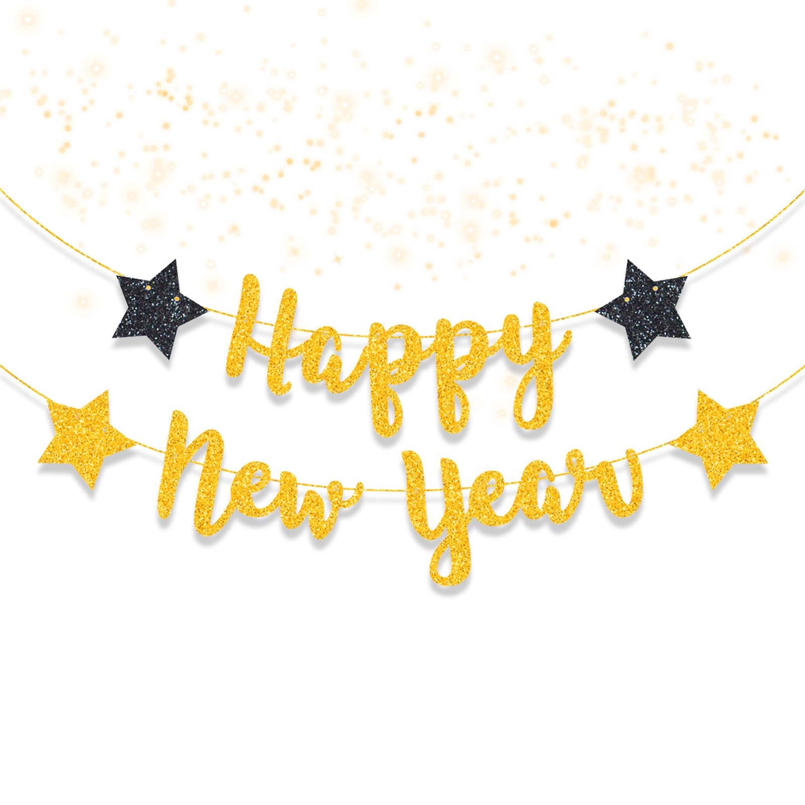 Happy New Year Banner 2026, Glitter Golden Black Sparkling Star Banner for New Year Photo Booth Props Photo Background, New Year's Eve Party Supplies Decorations 2026