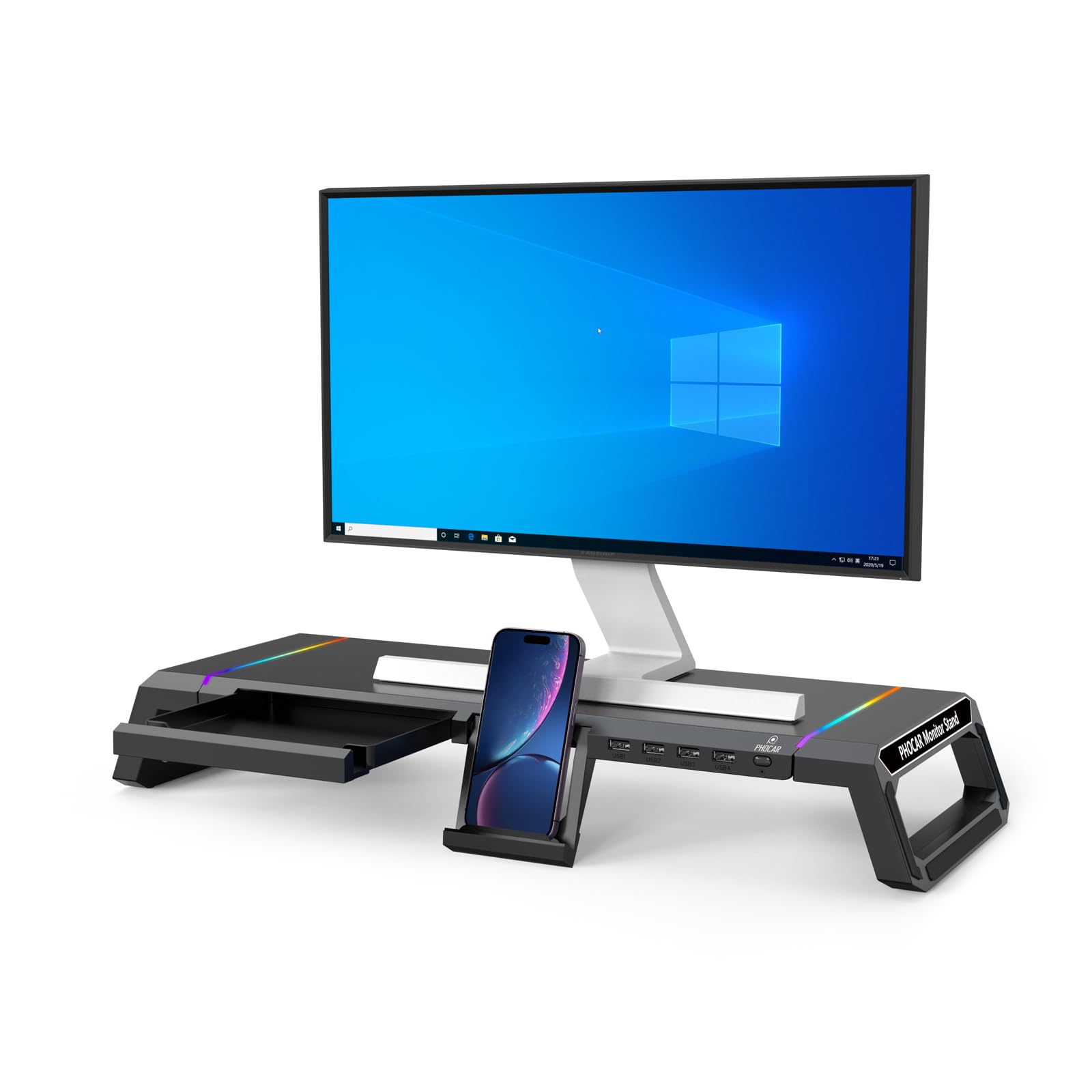 PHOCAR Computer Monitor Stand for Desk with Storage, USB Hub, RGB Light, Adjustable Monitor Riser for Desk with Drawer, Phone Stand for Home, School and Office