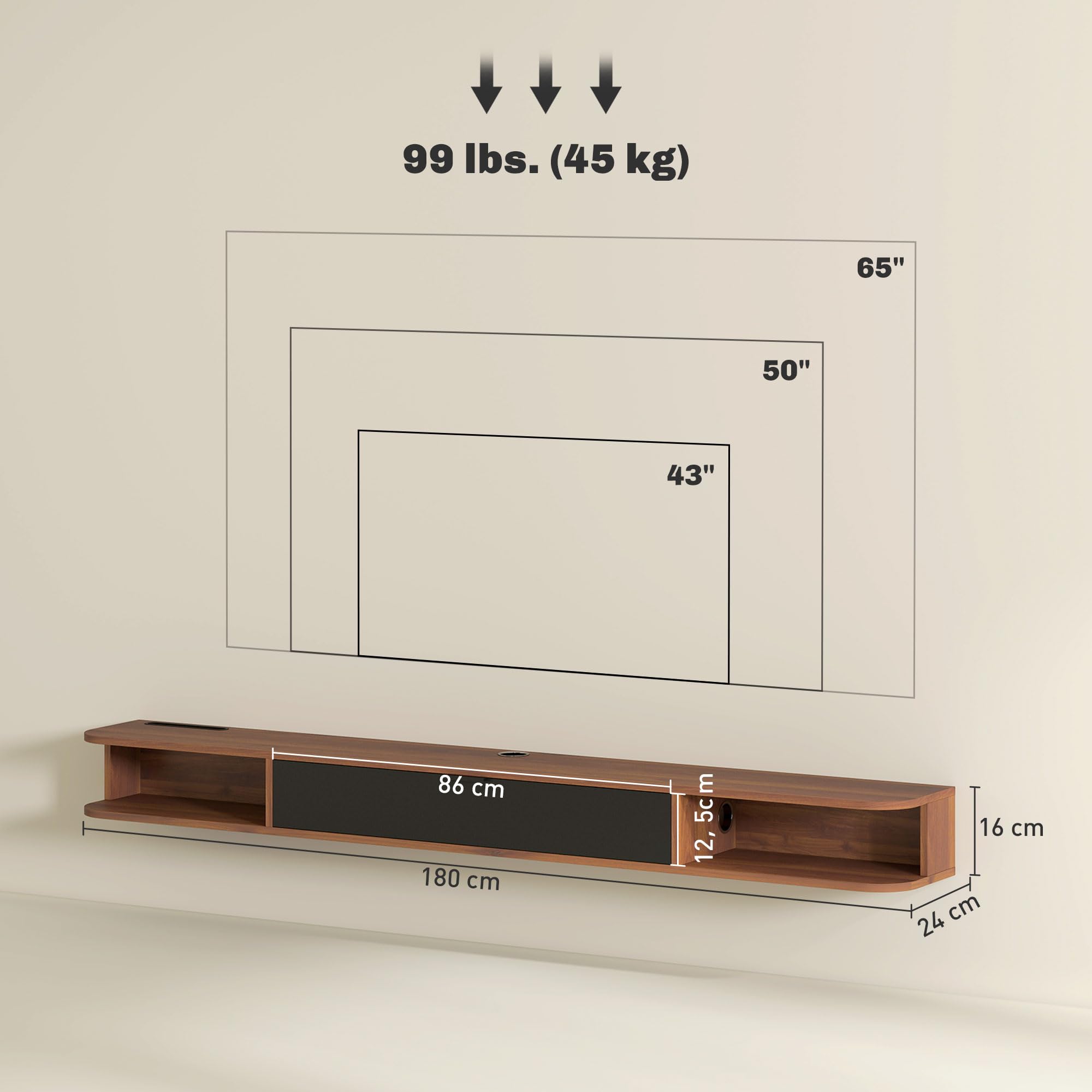 HOMCOM 71" Supporto TV sospeso moderno ripiano per TV fino a 75" Noce