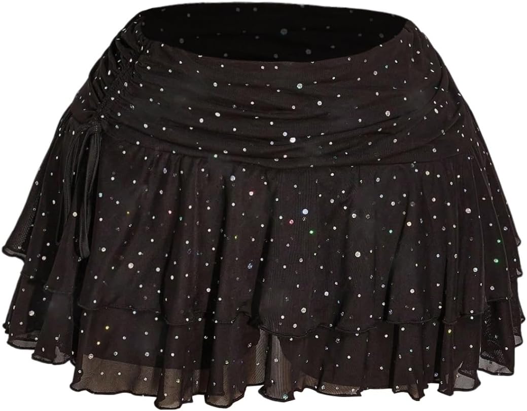 SHENHE Women's Plus Size Y2K Rhinestone Mini Skirt Ruched Ruffle Tiered Mesh Party Rave Skirt