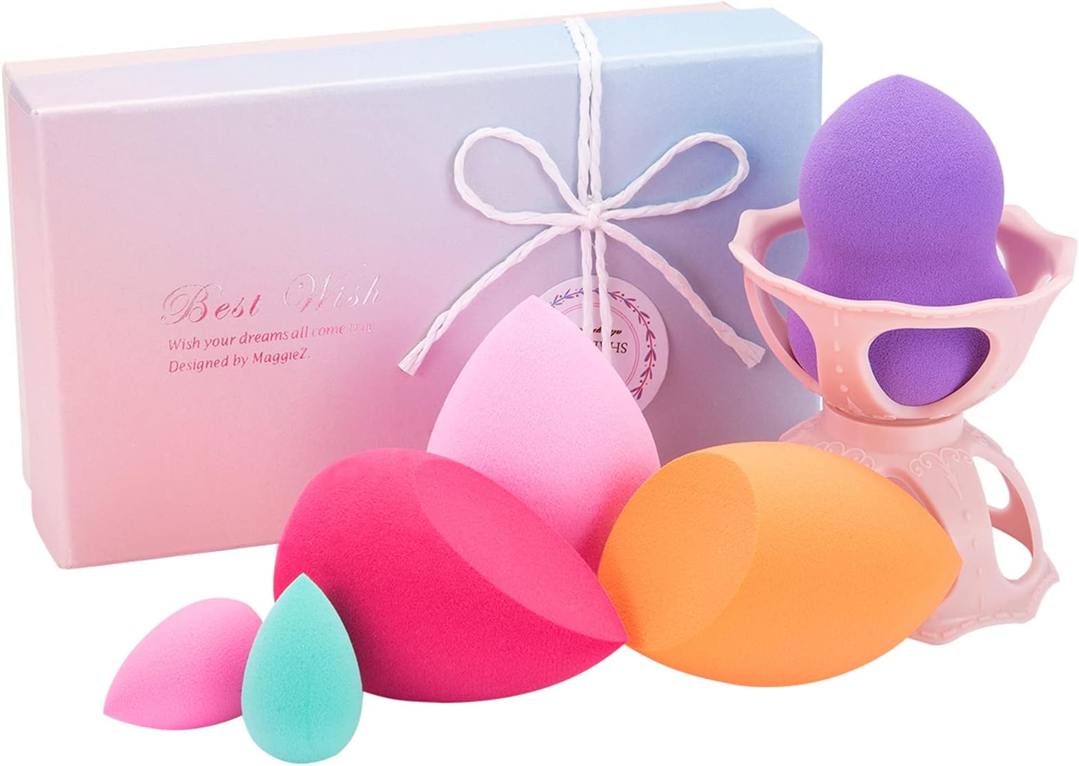 FITDON Makeup Sponge Blender Set, 6 PCS Latex-free Beauty Foundation Blending Sponges Applicator, Flawless for Liquid Cream and Powder, Multi Color and Shape with Blender Holder