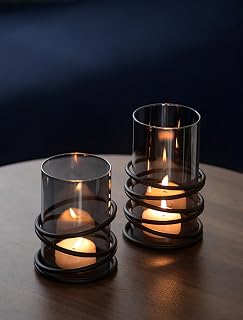 Sziqiqi Windlicht Schwarz mit Rauchglas, 2er-Set, Deko für Wohnzimmer | Moderner