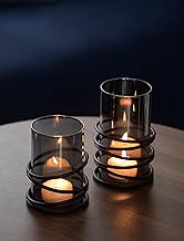 Sziqiqi Lantern Candle Holder Black with Smoked Glass: Modern Candle Holder Pillar Candles with Lantern Glass for Table Decoration - Set of 2 Metal Candle Holders with Glass Cylinder for Outdoor Living Room Decoration