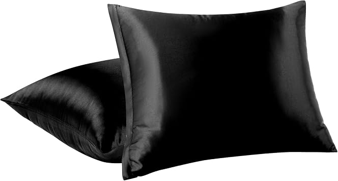 PiccoCasa Satin Pillow Cover, Cool Rayon, Touch Cooling Sensation, Pillow Case with Zipper, Set, Soft Like Silk, Double-sided Pillowcase, Solid, Odor Resistant, 2 Pieces, Black, 16.9 x 24.8 inches 43