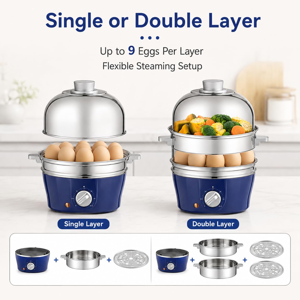 Cocedor de Huevos, Vaporeras de Doble Capa de 350 W con Temporizador
