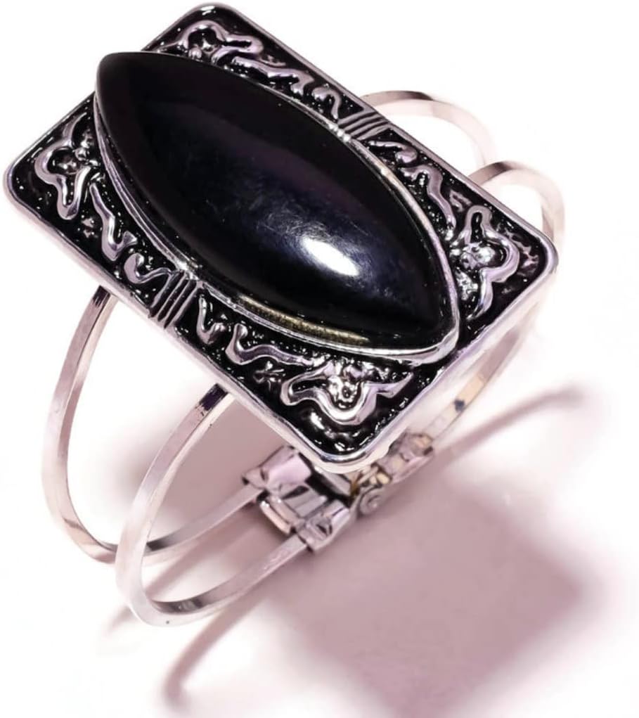 Black Onyx Cabochon Marquis Gemstone Handmade Oxidized Engraved Antique Cuff Bangle Bracelet