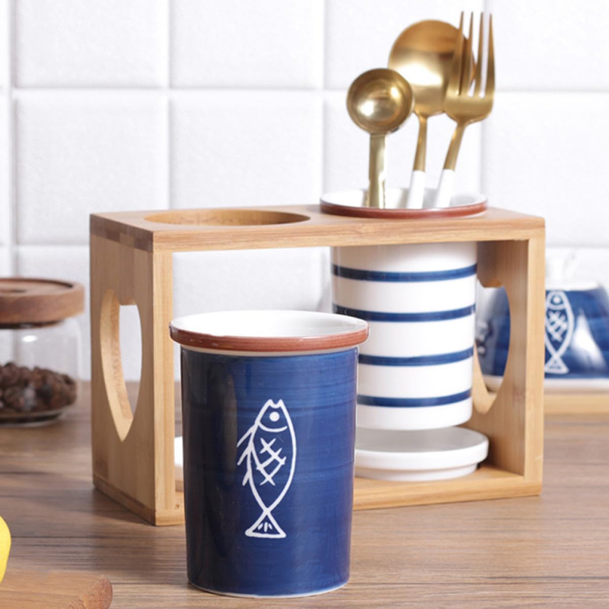 Ceramic Cutlery Canister with Base, Chopstick Drain Rack Kitchen Storage Organizer, Multipurpose Tableware Storage Box for Home Use