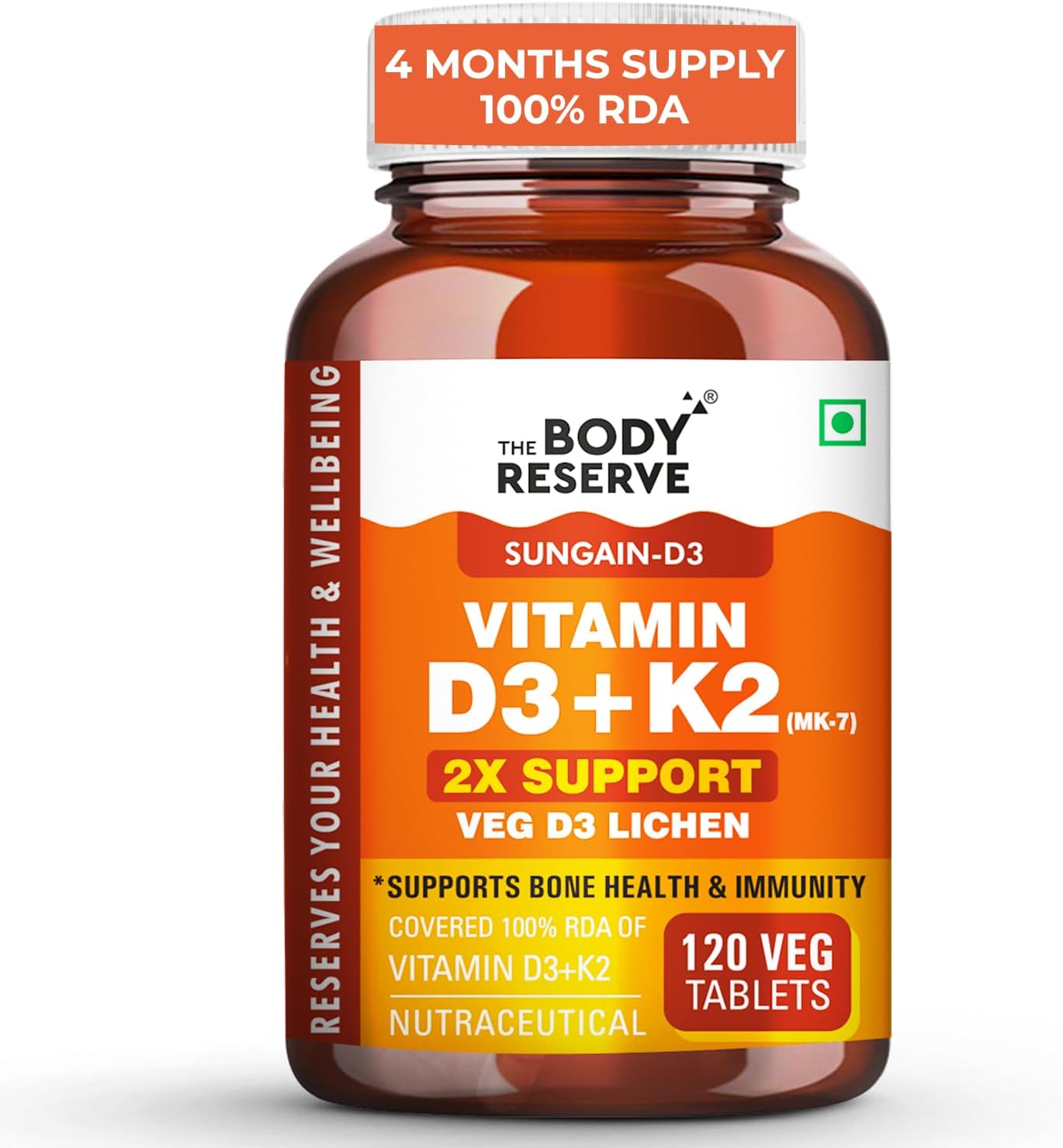 Vitamin D3 K2 MK7-120 Veg Tablets, 100% RDA Plant-Based Vitamin D3 Supplement from Lichen Source with Vitamin K2 as MK7 Menaquinone
