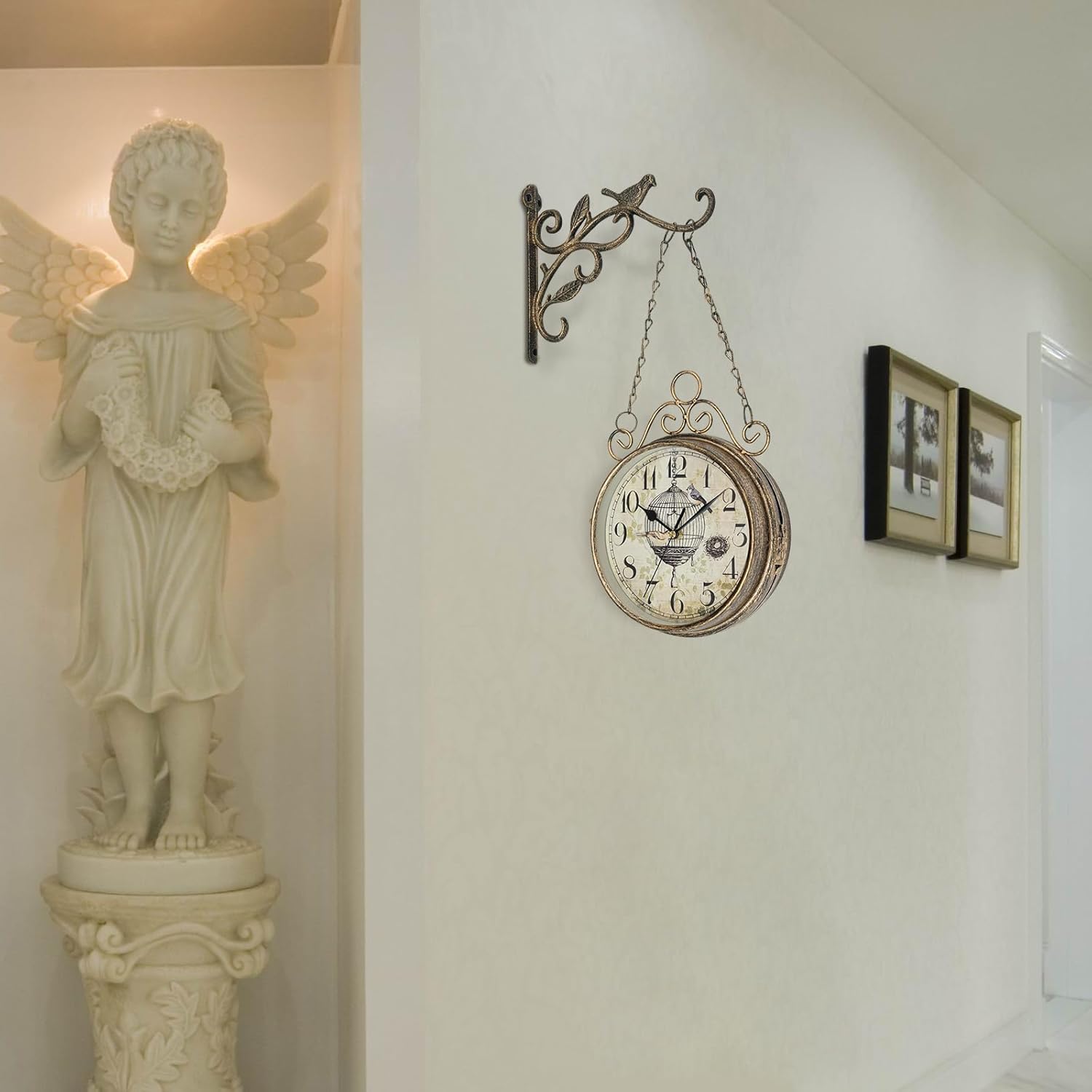 Wall Clock Double Sided 17.72"/45cm Vintage Wrought Iron Wall Clock Hanging Clocks European Style Clocks Decor Patio Garden Home Living Room Bedroom