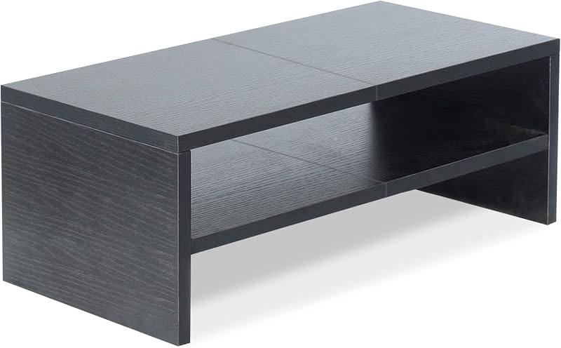 Soporte elevador para monitor de madera de 20 pulgadas con almacenamiento para teclado, 2 niveles negro | Soporte para computadora portátil/PC/impresora, estantería de escritorio de madera, diseño ergonómico, soporta 80 libras, soporte para TV pequeño, accesorios de escritorio para oficina en casa