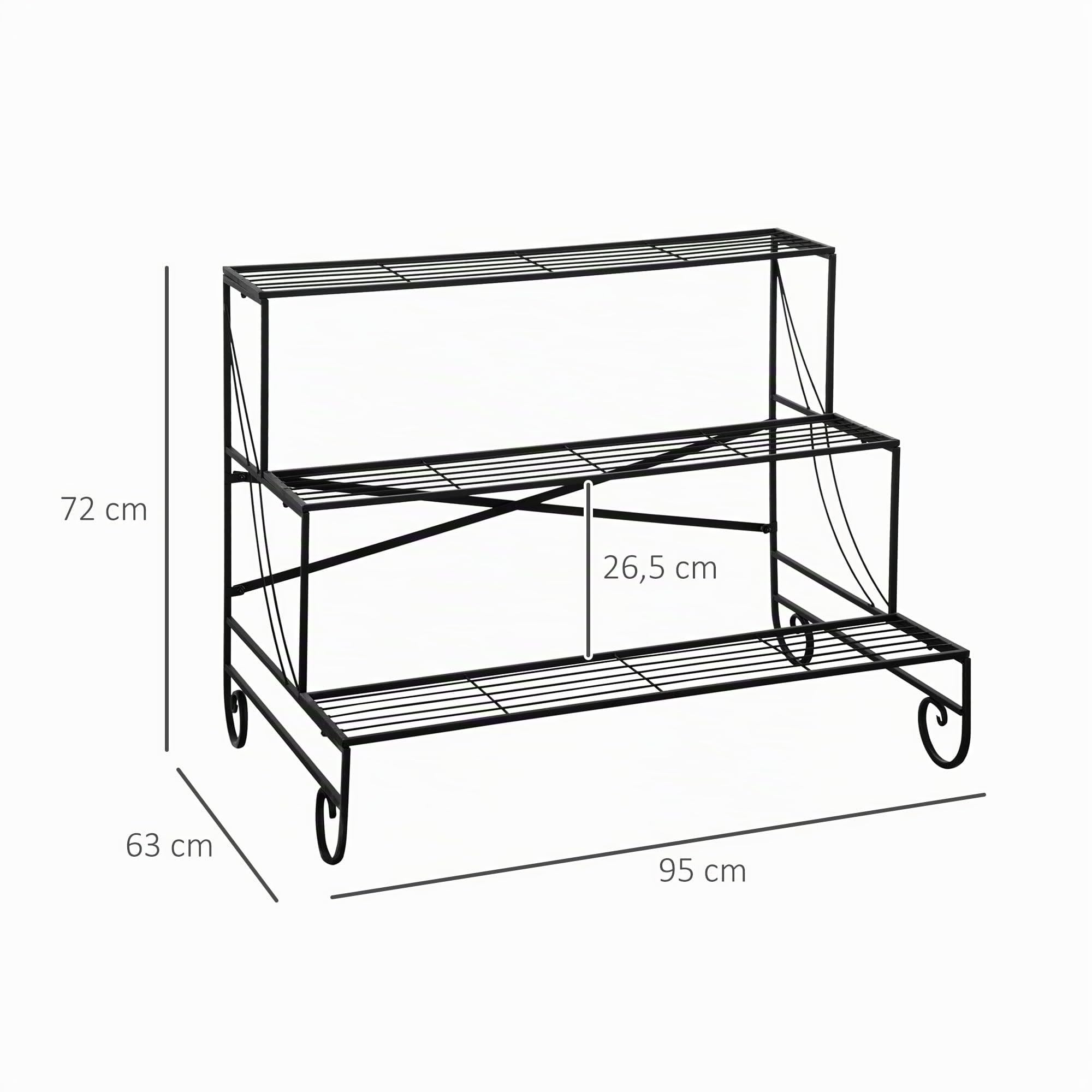 Outsunny Blumenständer 3 Stufen für Innen & Außen Schwarz 95 x 63 x 72 cm | Blumenregal aus Metall, Pflanzenregal, Blumentreppe, Garten, Balkon