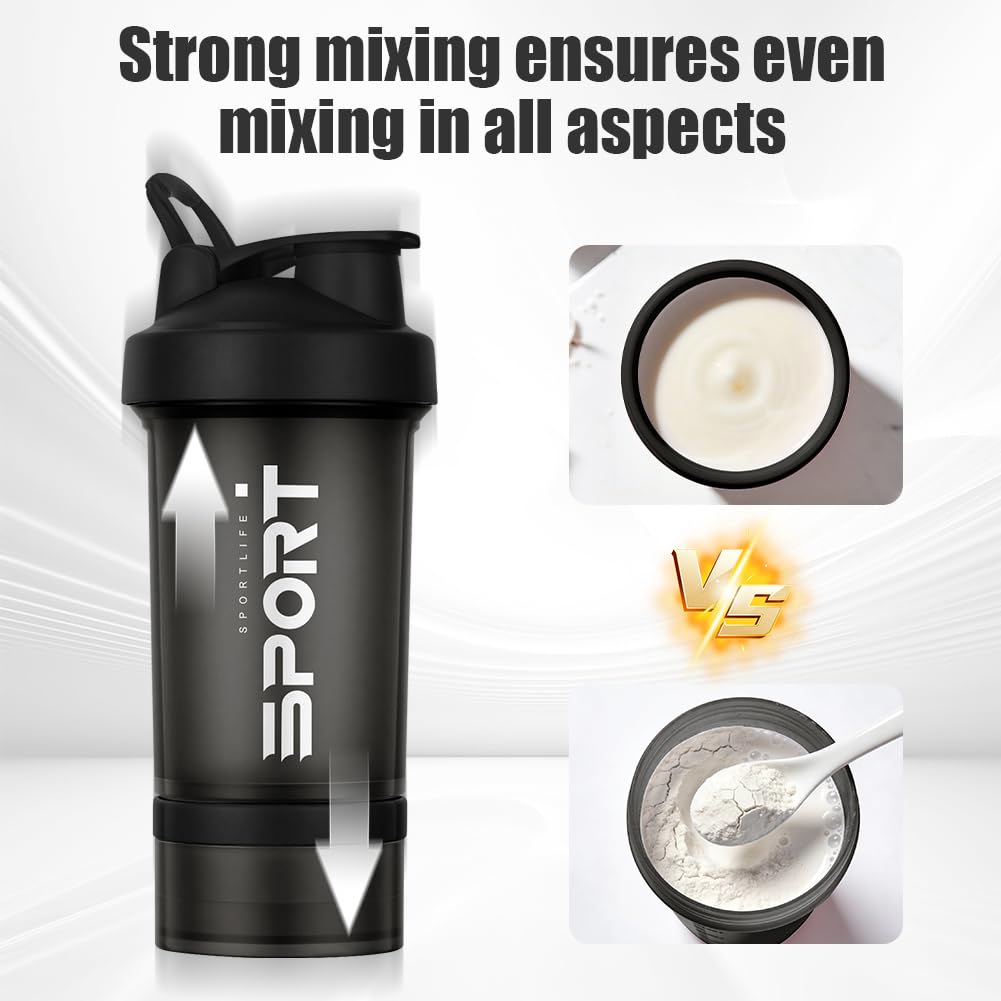 Shaker proteinowy, 2 sztuki, 500 ml, shaker proteinowy, shaker fitness z 2 kulkami do mieszania ze stali nierdzewnej, nie zawiera BPA, ze skalą pomiarową do proteinowego shake'a (G czarny +