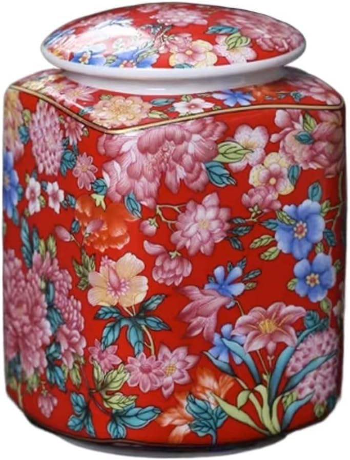 Tea Tin Canister Chinese Retro Red Patterned Ceramics Loose Tea Tin Tea Storage Tea Caddy Tea Canister Tea Storage Container Tins Jar with Airtight Lid Food Containers Canisters