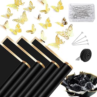 20 Sheets Black Flower Wrapping Paper, Waterproof Florist Bouquet Packaging Paper with Satin Ribbon,3D Butterflies,Flower Pins, Gold Edge Floral Wrap Paper for DIY Wedding Flower Craft