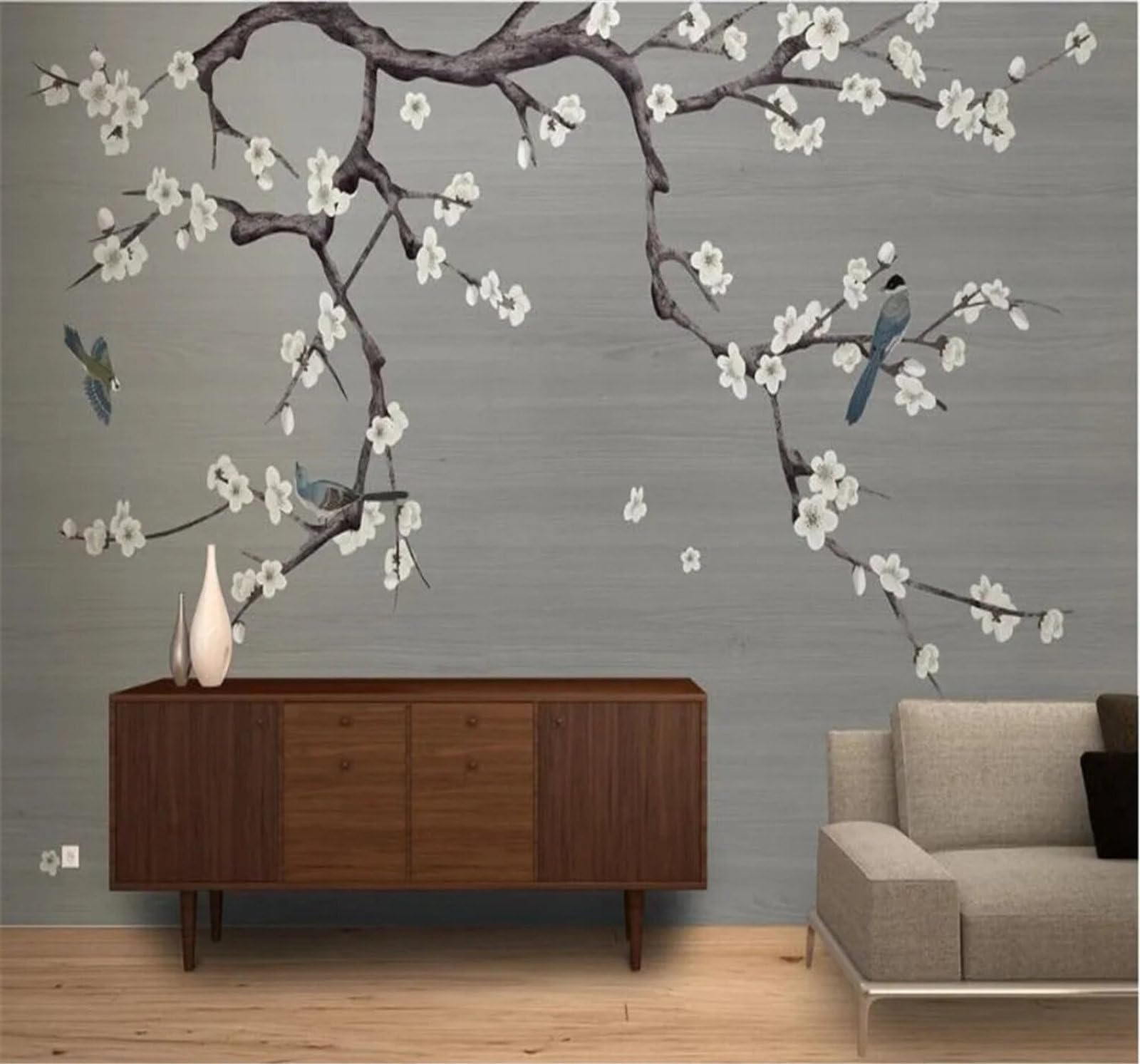 Xlming 400Cm×280Cm(B×H) Minimalist Vintage Branches Flowers Flying Birds 3D Wallpaper Premium Textured Silk Study Dining Living Room Bedroom Sofa Tv Wall Easy Install-400Cm×280Cm