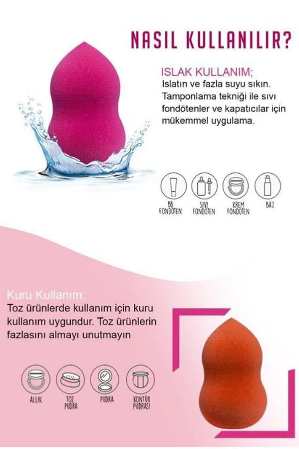 Tekli Armut Sünger, Makyaj Süngeri, Fondoten Süngeri Pembe