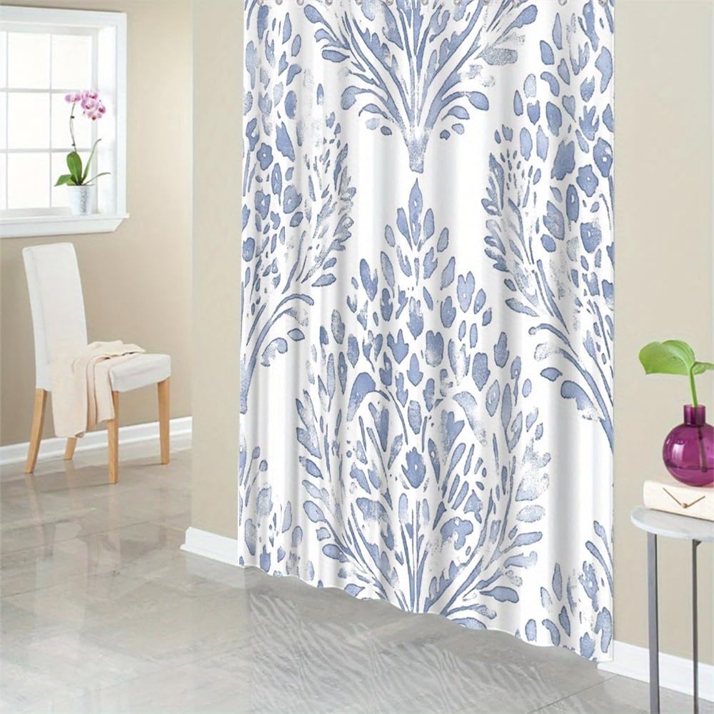 Rideau de douche floral bleu 75x190 cm en polyester lavable avec crochets
