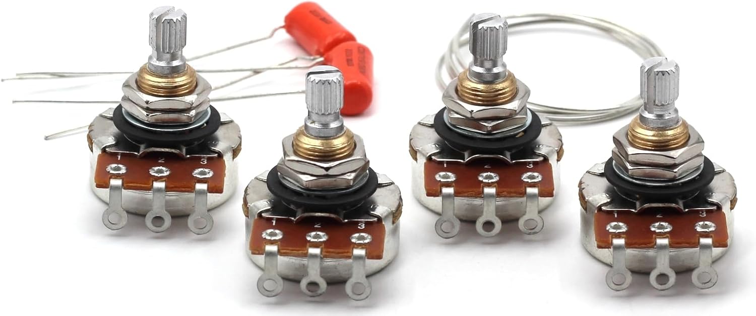 Bourns 500k Potentiometers for Guitar - Short Split Shaft (4x) w/Orange Drop .022uF/200v Guitar Capacitors (2x) + 14" Buss Wire