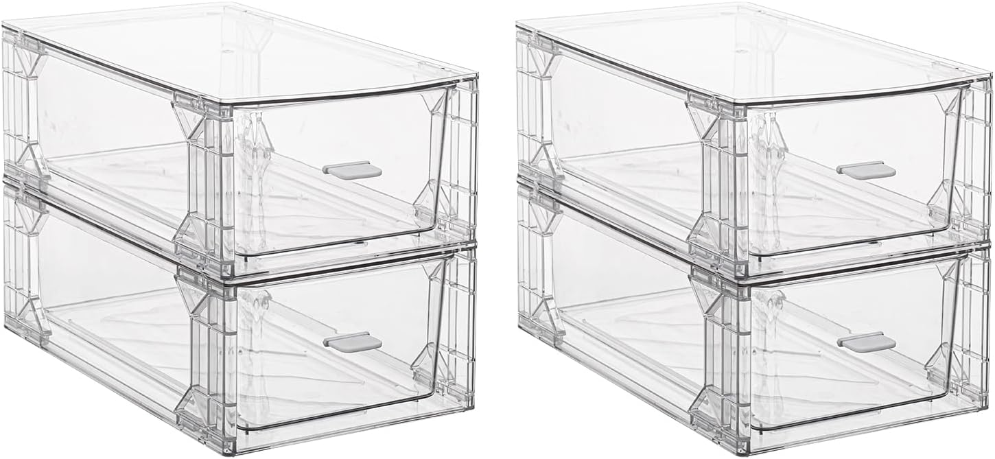 4 Pack Stackable Storage Drawers, Plastic Clear Organizer Bins with Handles, Easily Assemble for Undersink, Kitchen Cabinet, Fridge, Closet, Pantry, Office, Bathroom