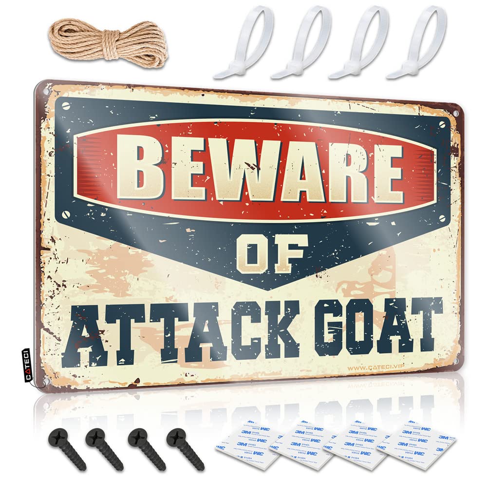 HELIOFORGE Tin Bar Signs Beware Of Attack Goat Sign Metal Tin Signs Funny Men Cave Decor(30X40CM)