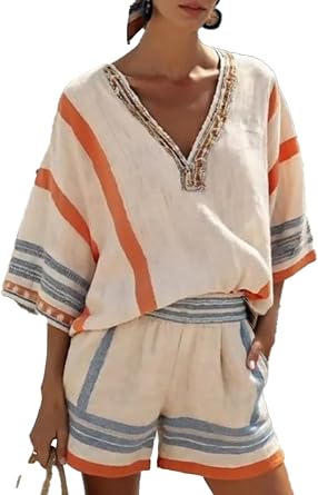 Shorts Sets Women 2 Piece Outfits Comfy Vacation Colorful Stripes V Neck Going Out Casual 2 Piece Sets for Women