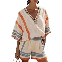 Shorts Sets Women 2 Piece Outfits Comfy Vacation Colorful Stripes V Neck Going Out Casual 2 Piece Sets for Women