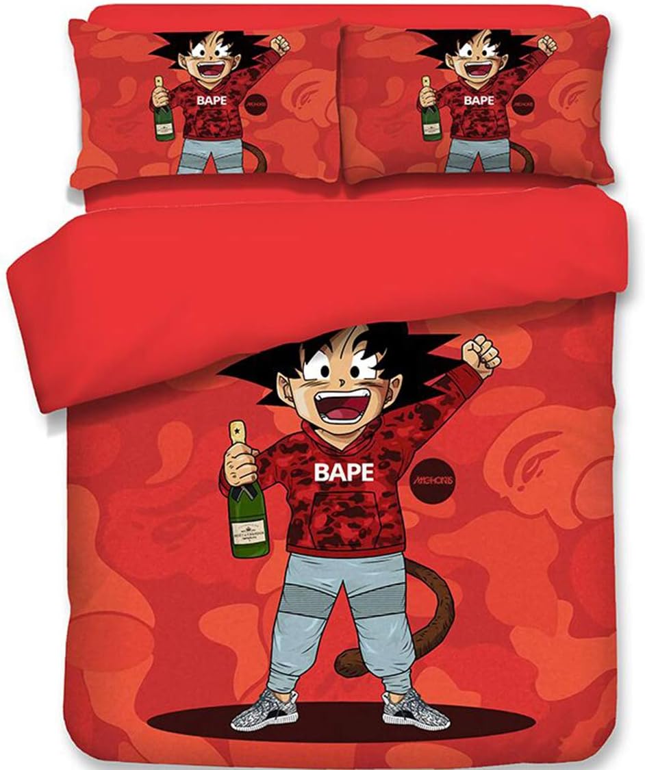 Leezeshaw 3 Pcs Dragon Ball Goku Print Duvet Cover Set with two Pillow Cases,Cute Goku Dragon Ball Pattern Bedding Set Single/Double Size for Kids & Teens(No Comforter)