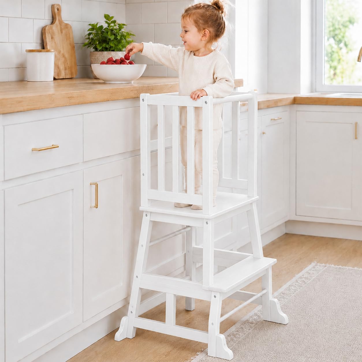 COSYLAND Learning Tower from 1 Year - Learning Tower - Height-Adjustable Montessori Learning Tower with Tilt Protection, White and Natural