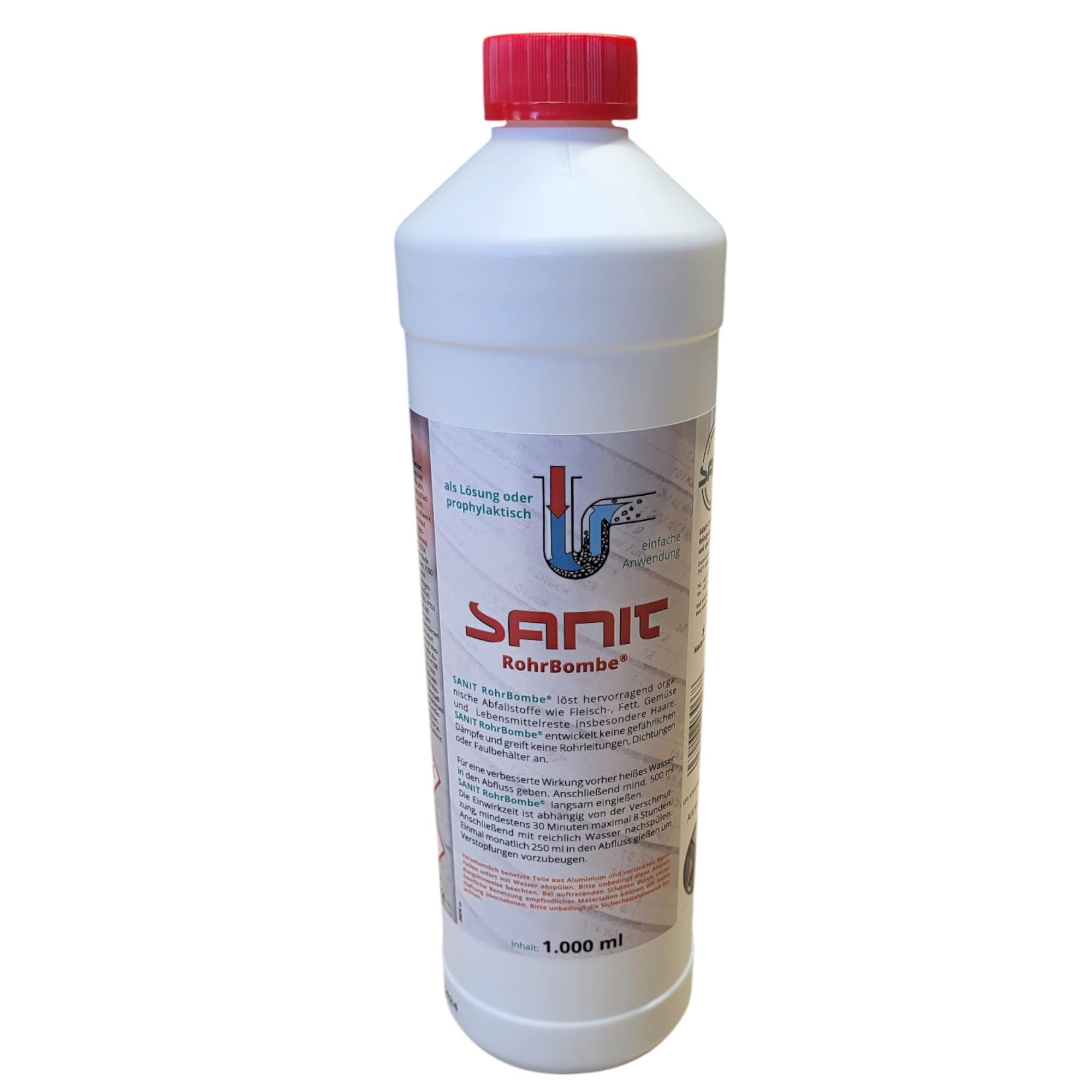 zbs24 Sanit RohrBombe Rohrreiniger, 2 x 1000ml | Säurefrei, Löst Verstopfungen durch Haare, Inkl. Latex Haushaltshandschuhe, Alternative Rohrreiniger