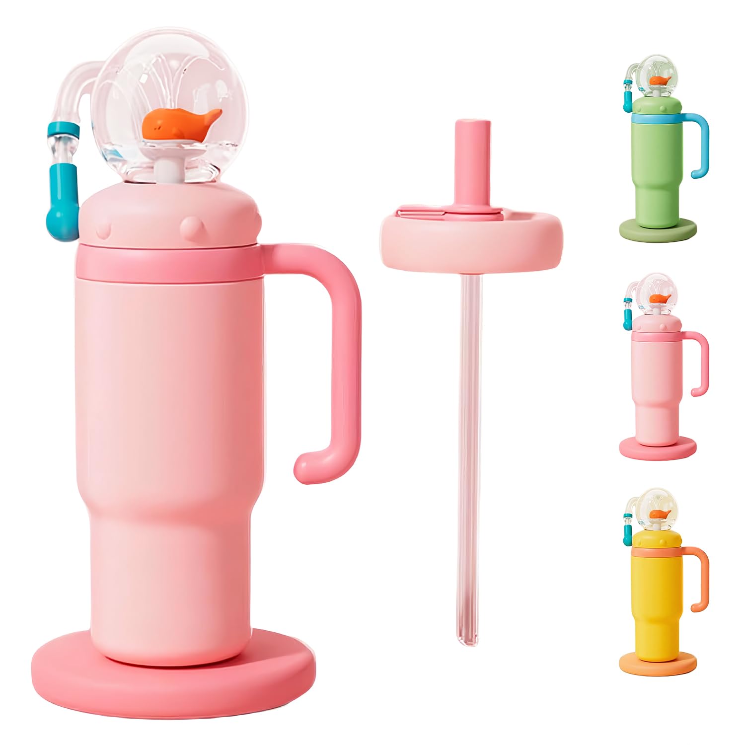 Drinking Cup With Whale Squirt, 24oz Whale Water Bottle with Handle, Insulated Stainless Steel Whale Water Cups With Two Silicone Soft Tip, Leak-Proof