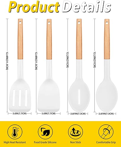 Miniatura 3 de Juego de 4 utensilios de cocina de silicona, espátulas sólidas antiadherentes y cucharas ranuradas resistentes al calor con mango de madera, juego