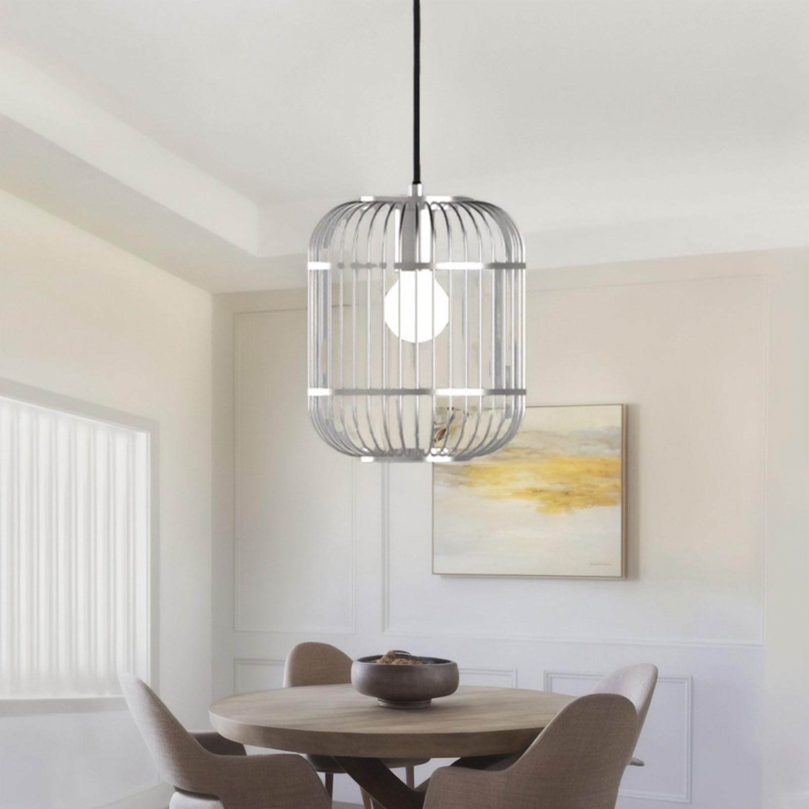 Lampada a sospensione moderna a gabbia per uccelli in argento per camera da letto, lampada a sospensione moderna in metallo per isola cucina, lampadario a sospensione E26 a testa singola
