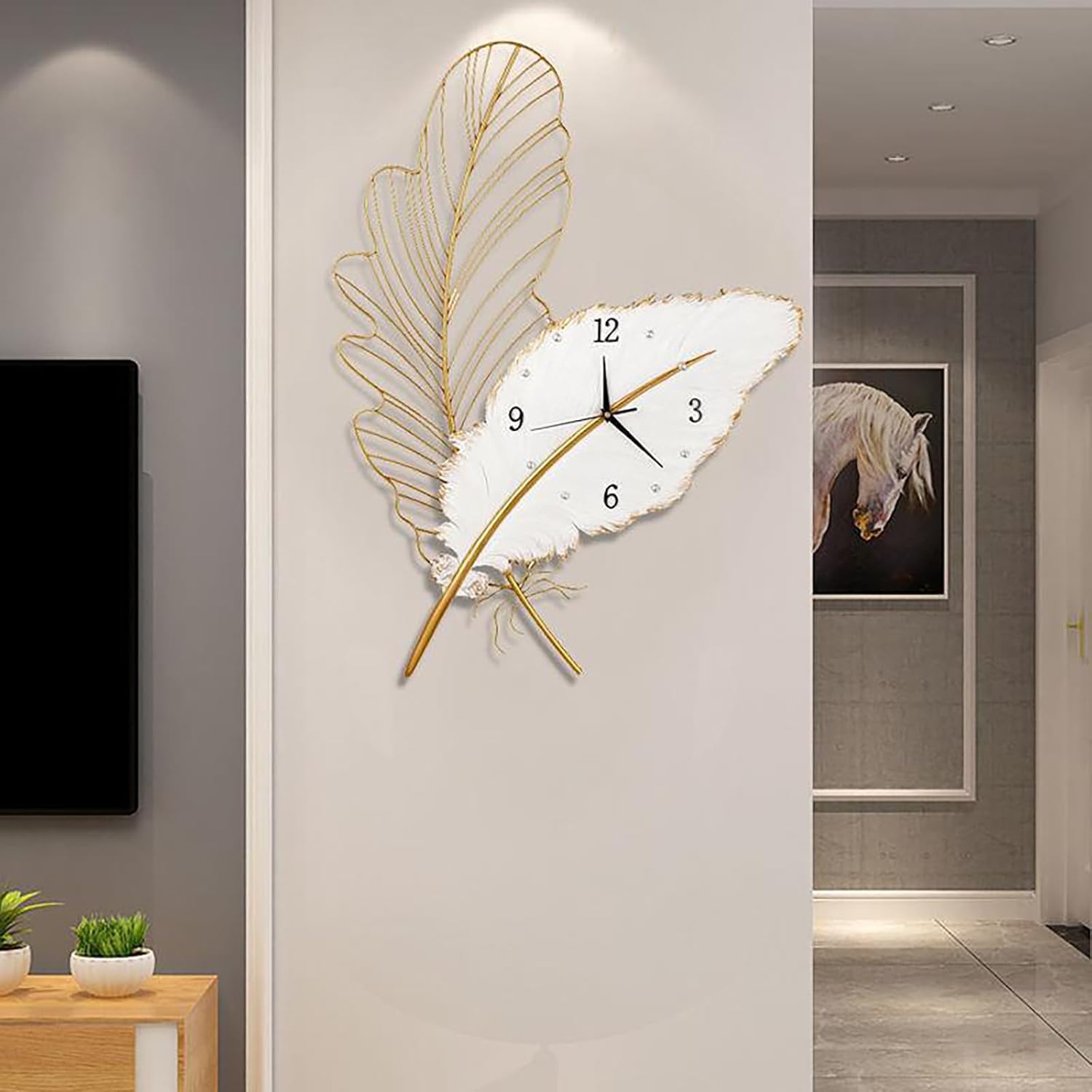 Genérico Reloj de Pared Grande para Decoración Moderna, Reloj Digital, Relojes de Pared Metálicos con Arte de Plumas, Reloj Silencioso de Lujo para Salón, Dormitorio, Oficina, Hogar