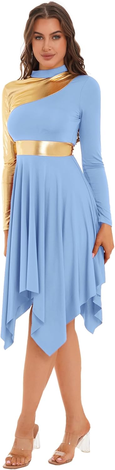 Aislor Women Metallic Color Block Liturgical Praise Dance Dress Church Worship Costume Lyrical Dancewear