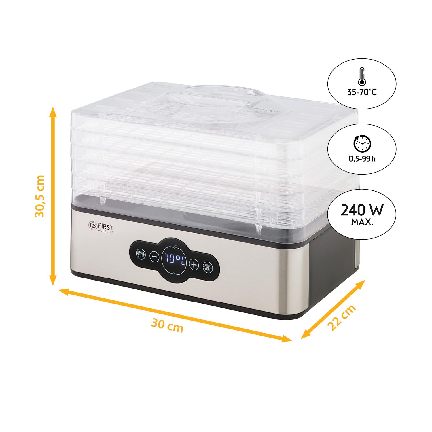 TZS First Austria essiccatore digitale per frutta, erbe, funghi, carne, 5 ripiani, BPA free, timer e regolazione temperatura 35-70°C