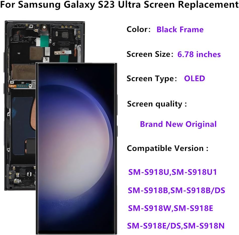 OLED for Samsung Galaxy S23 Ultra 5G LCD Screen Replacement Galaxy S23Ultra SM-S918U SM-S918U1 Display Screen Touch Digitizer Assembly Supports Fingerprint (with Black Frame+Soft Film+Tools)
