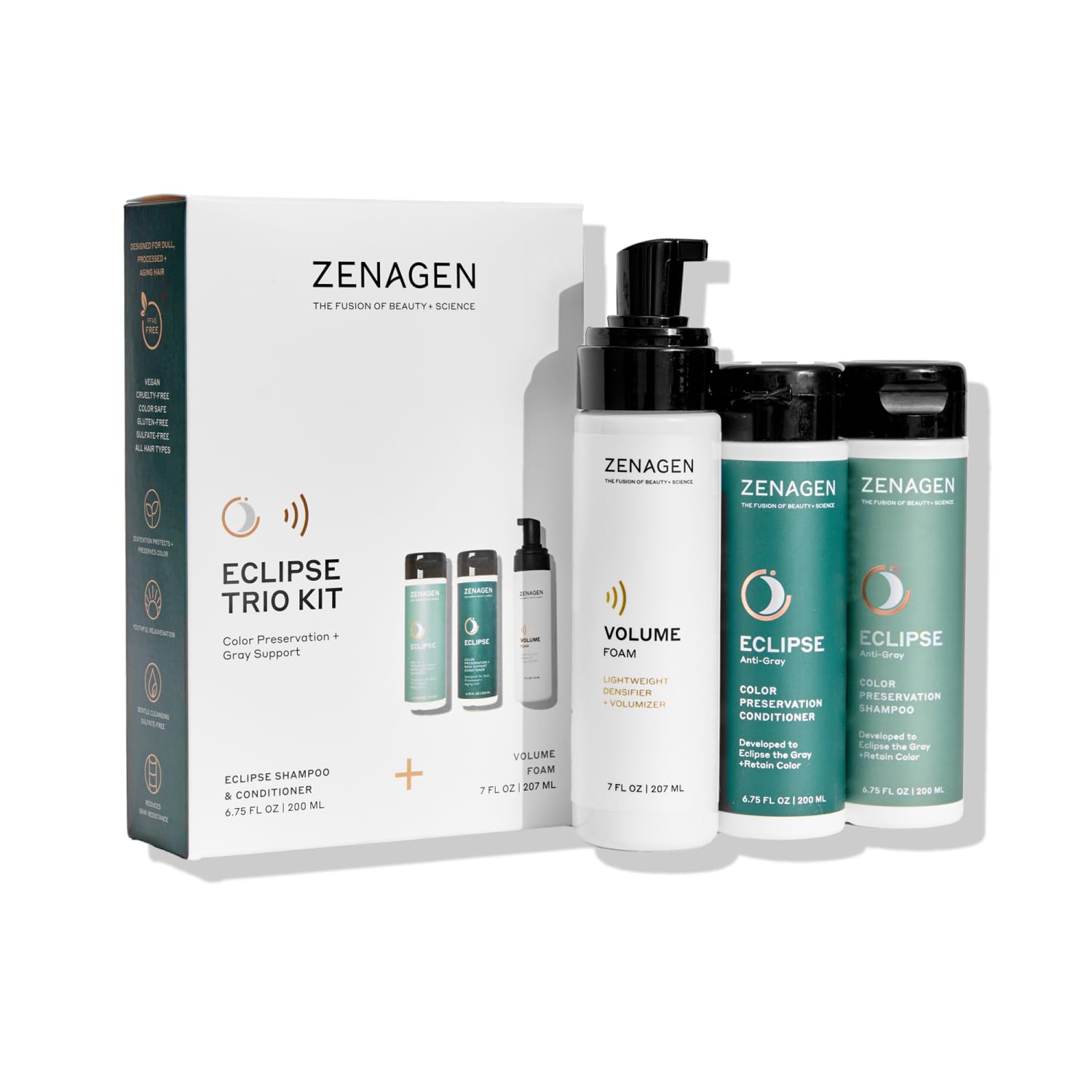 ZENAGEN Eclipse Trio Kit | Color Preservation + Gray Support | Shampoo + Conditioner + Volume Foam | for Color Protection, Hair Health & Voluminous Styles 1 ea