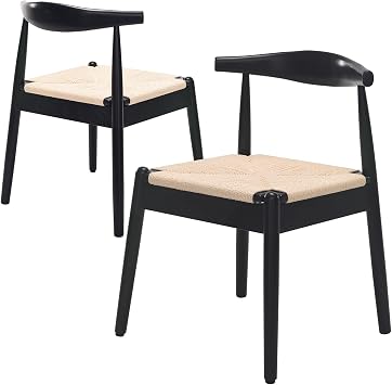 Dining Chairs Set of 2, Mid Century Modern Dining Room Chairs with Woven Rope/PU Leather Seat and Solid Wood Legs, Kitchen Side Chairs with Adjustable Feet, 300 LBS Capacity
