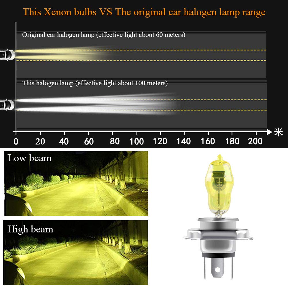 H4 100W Halógena Faros delanteros Oro Amarillo 2800K 12V Automóvil Faros antiniebla DRL, 2 Piezas