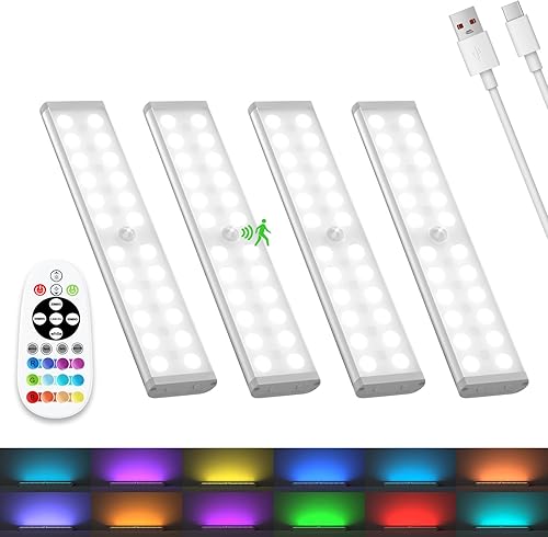 Miniatura 1 de Haigvel Luces inalámbricas para debajo del gabinete, 58 luces LED recargables con sensor de movimiento con control remoto, luces RGB que cambian de