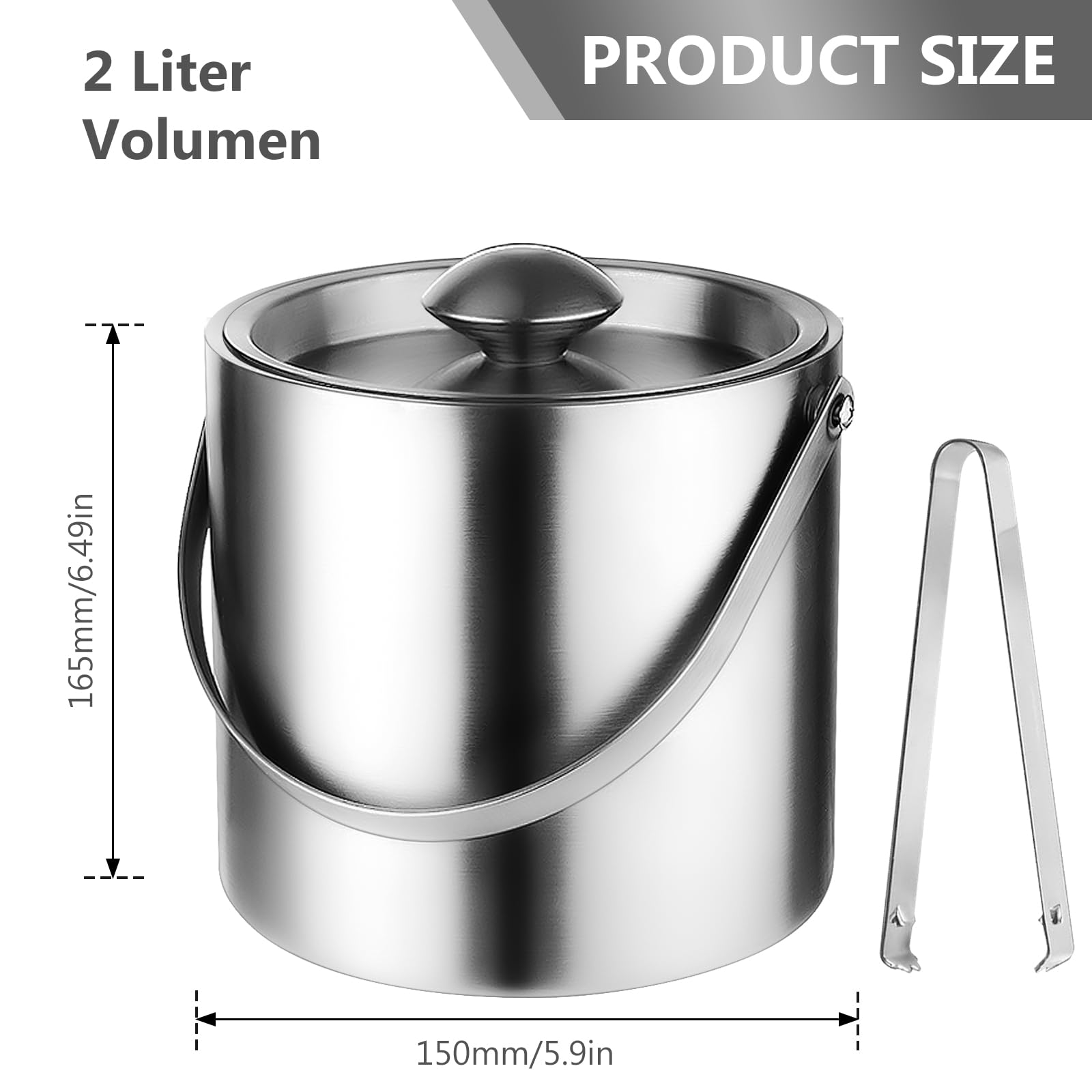 Contenitore per cubetti di ghiaccio, in acciaio inox, con coperchio, pinza e manico, 2 l, secchio isolato, ideale per il raffreddamento di birra, champagne