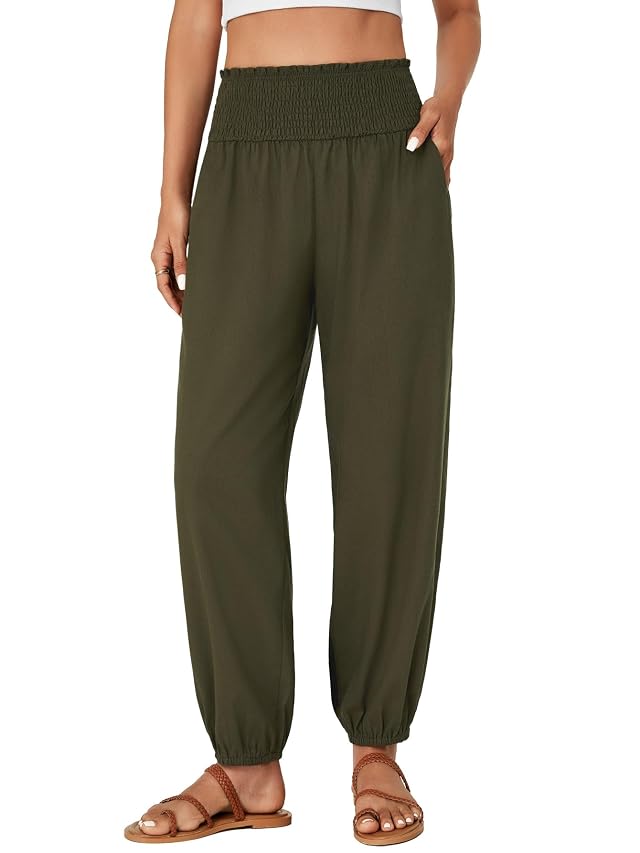 OPOIPIN Womens Smocked High Waist Harem Pants Tapered Legs Long Trousers with Pockets