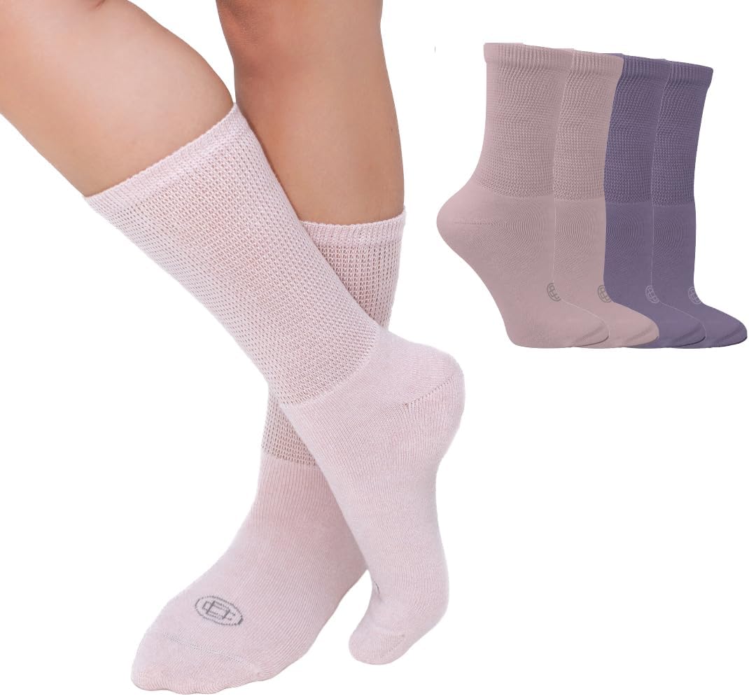 Doctor's Choice Diabetic Socks for Women, Non Binding Extra Wide Crew, Seamless Toe, Loose Fit, Neuropathy Relief, 4 Pairs
