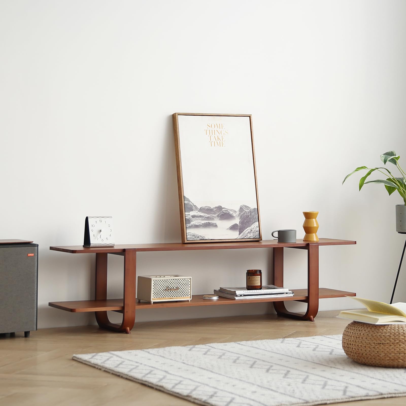 Soporte de TV de bambú para hasta 65 pulgadas, centro de entretenimiento moderno de mediados de siglo con estantes abiertos de 2 niveles, mesa consola de almacenamiento para sala de estar, 9