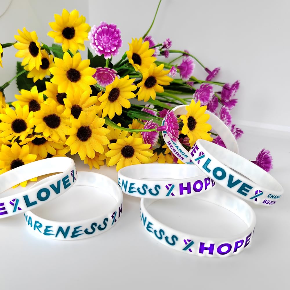 TsyminQC 50pcs Purple and Teal Ribbon Silicon Restbands Suicide Prevention Awareness Bracelet Supplies of Mental Health Care Activities Supplies, Middle, Silicon, No Gems TsyminQC 50pcs Purple and Teal Ribbon Silicon Restbands Suicide Prevention Awareness Bracelet Supplies of Mental Health Care Activities Supplies, Middle, Silicon, No Gems