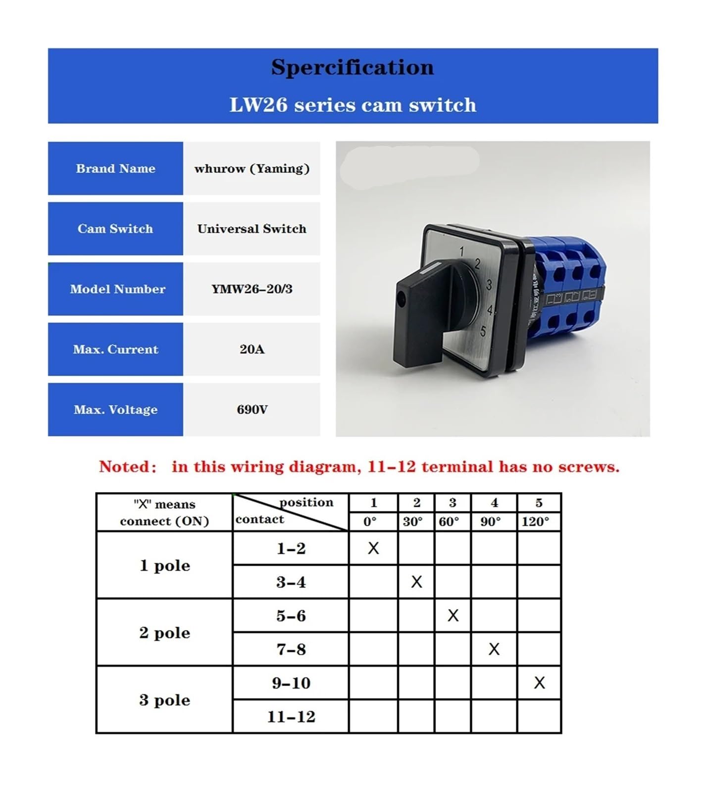 Interruptor de Leva YMW26-20/3 Universal, 20 A, 5 Posiciones, 690 V, tripolar, selección de Potencia, combinación rotativa, LW26-20