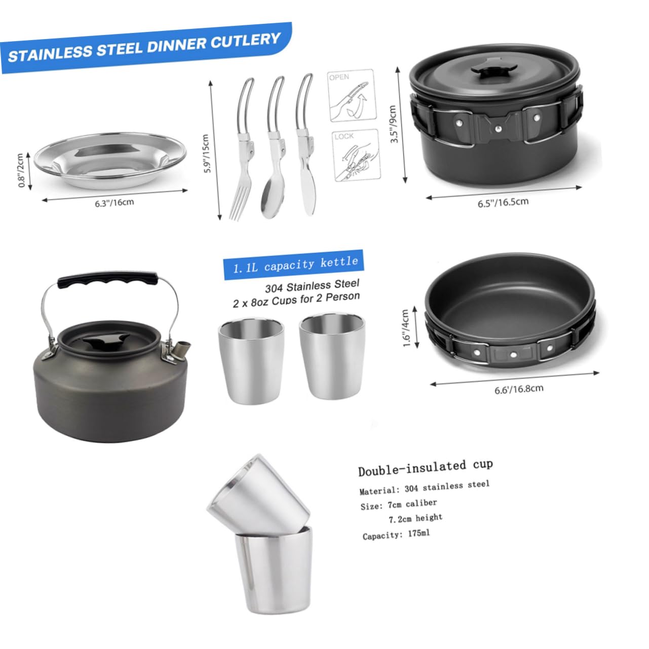 Toyvian Ensemble Cuisine pour Randonnée 2-3 Personnes Ustensiles Cuisine Pliable en Alliage Pot de Survie pour Camping Couverts pour Pique-Niques