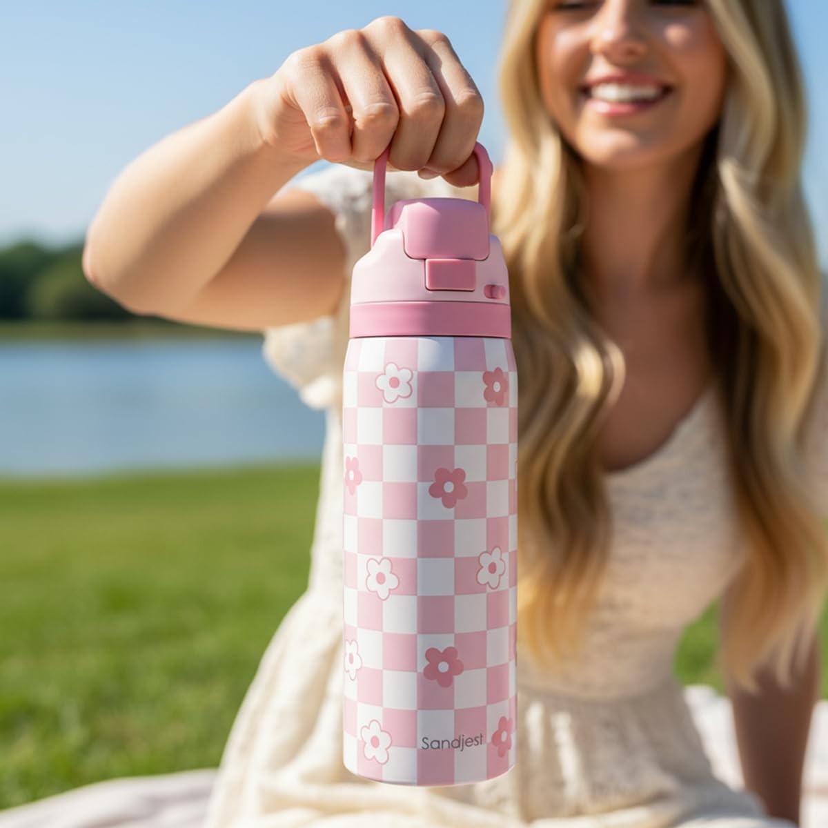 Checkered Floral Insulated Stainless Steel Water Bottle with Straw for Sports and Travel, 32oz, Gifts for Women Girls Friends Teens Birthday Christmas - Image 6